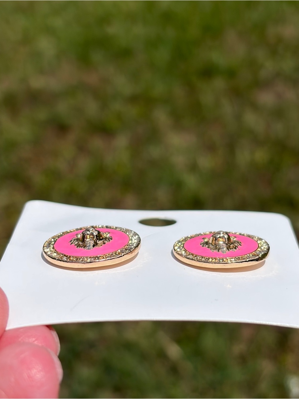 Gold Lion Head Pink Enamel Stud Earrings - Women Jewelry - Picture 4 of 6